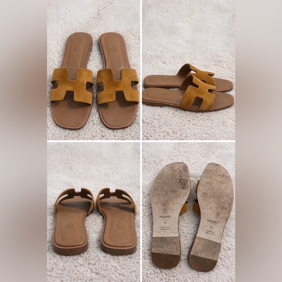Hermes Shoes - Hermès Oran Sandals Suede Gold / Camel Size 41